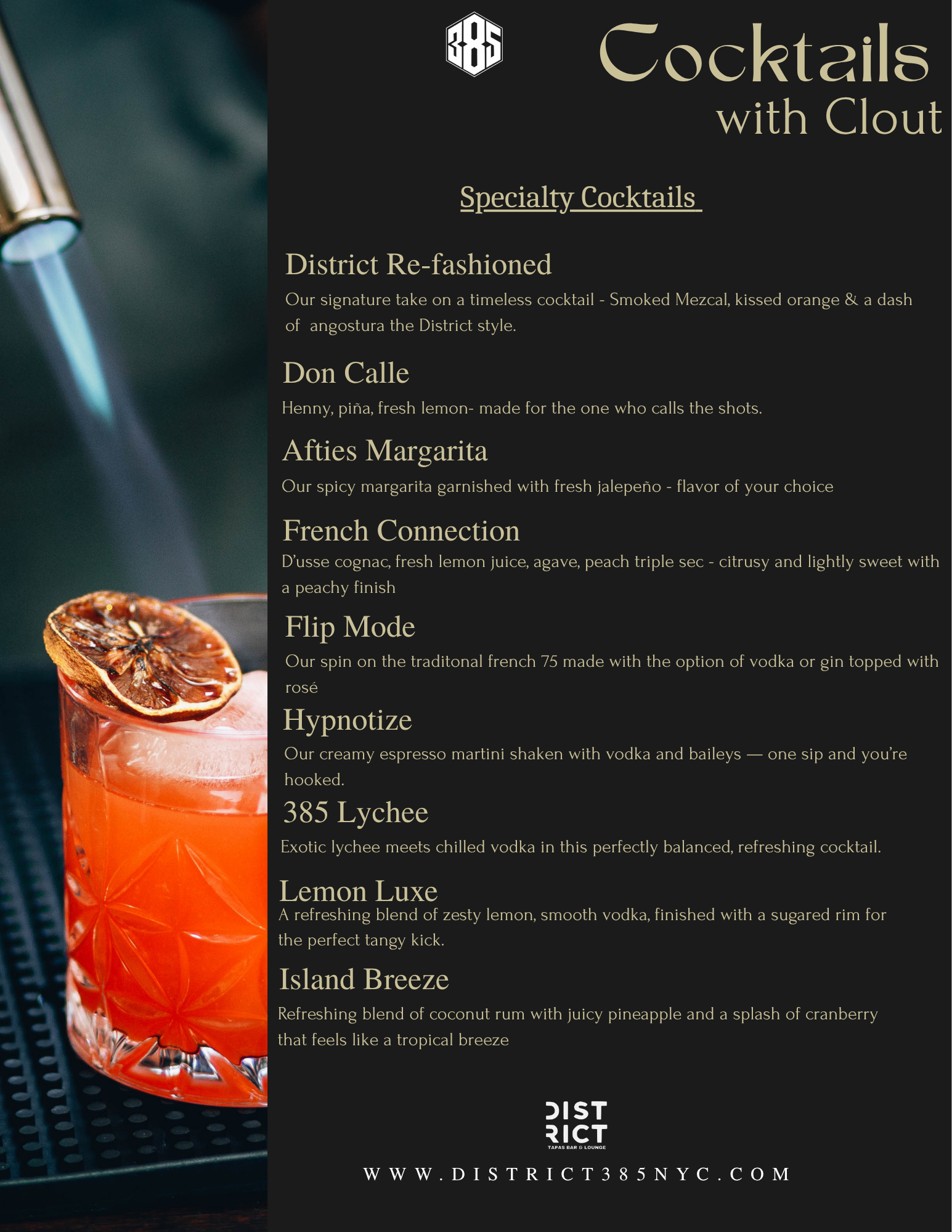District385 specialty cocktails menu — District Re-fashioned, Don Calle, Afties Margarita, Flip Mode, Hypnotize and more