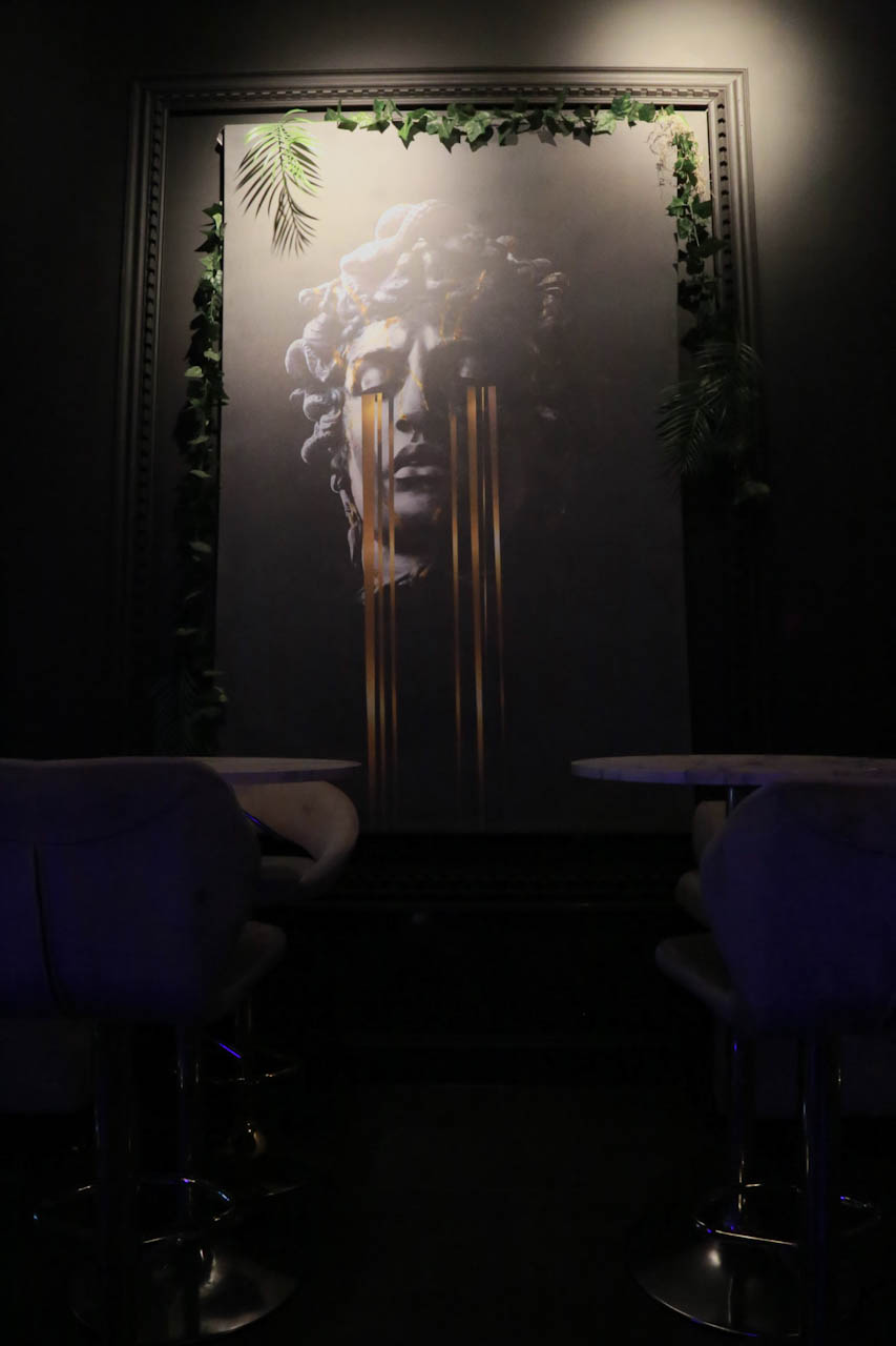 Backlit Medusa artwork in the District385 lounge