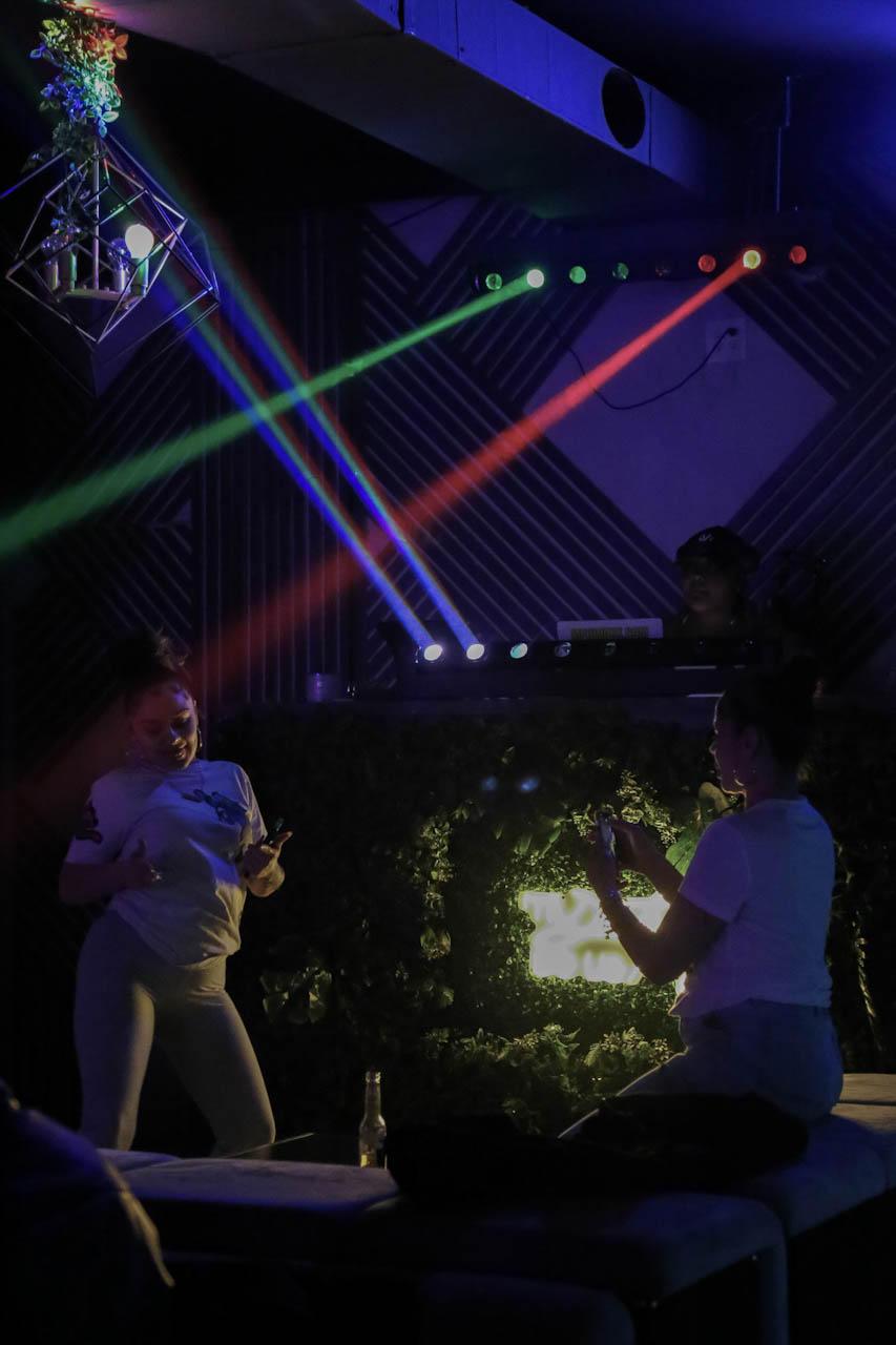 Green lasers sweeping over the crowd and the greenery wall