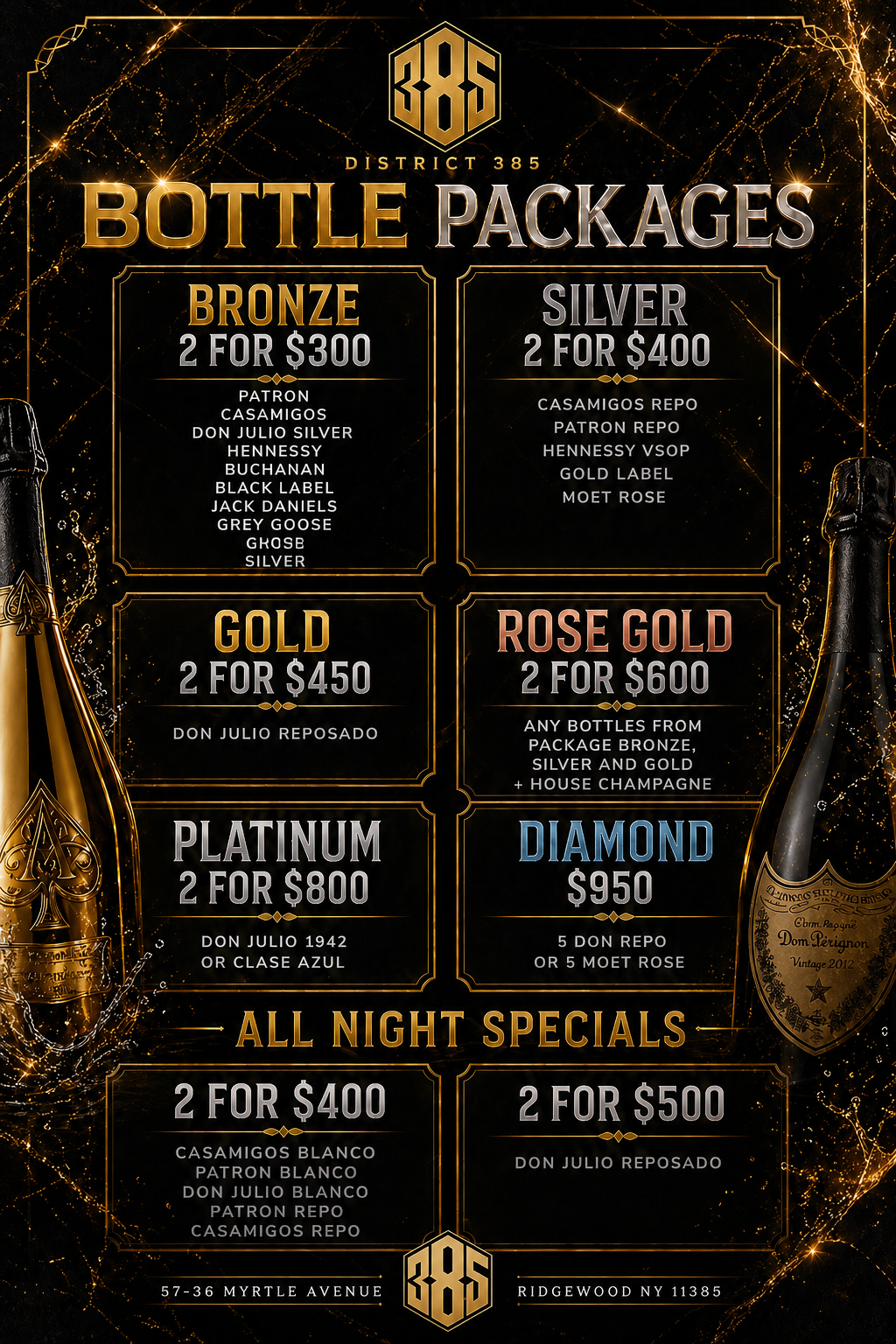 District385 bottle packages menu — Bronze, Silver, Gold, Rose Gold, Platinum and Diamond pricing