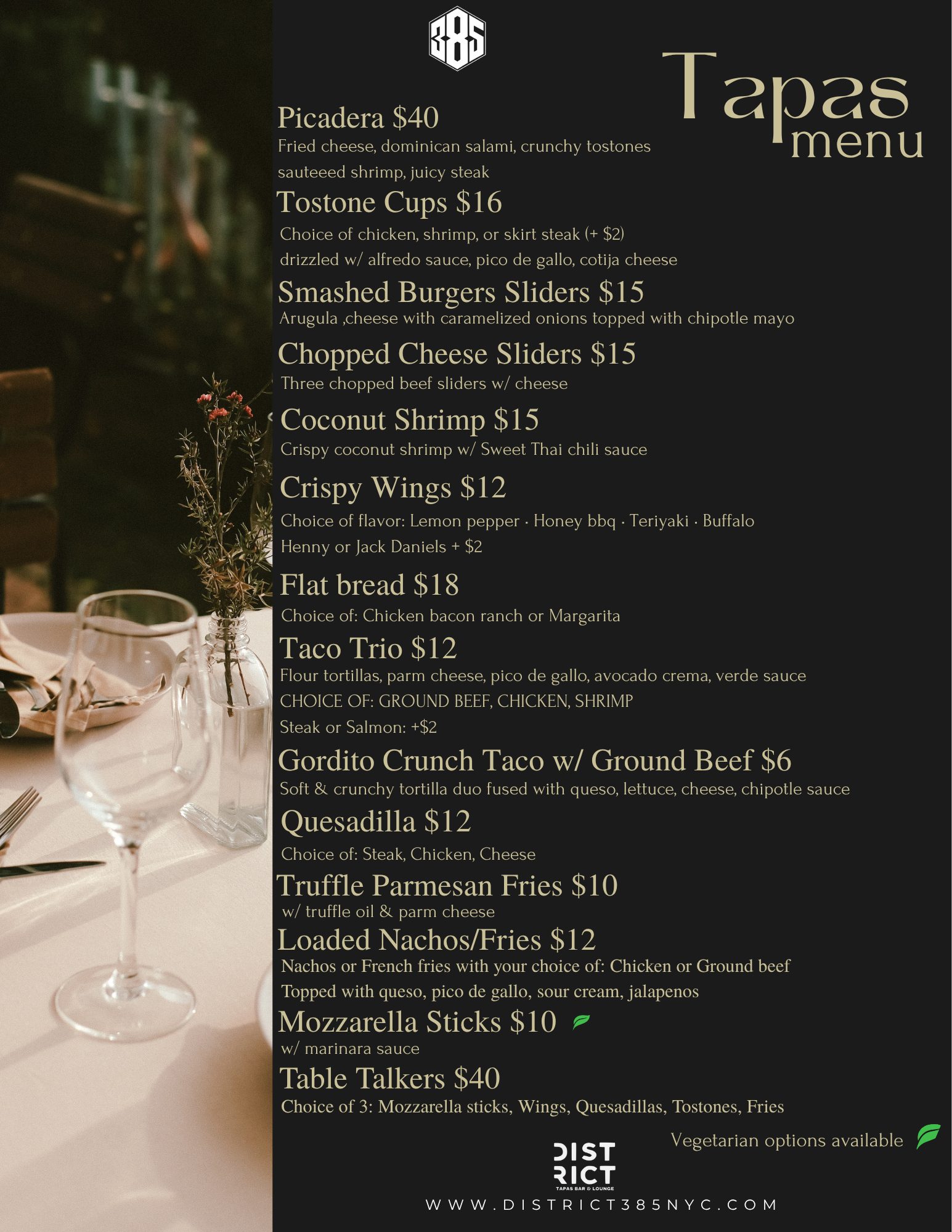 District385 tapas menu — picadera, tostone cups, smashed burger sliders, wings, tacos and more with pricing