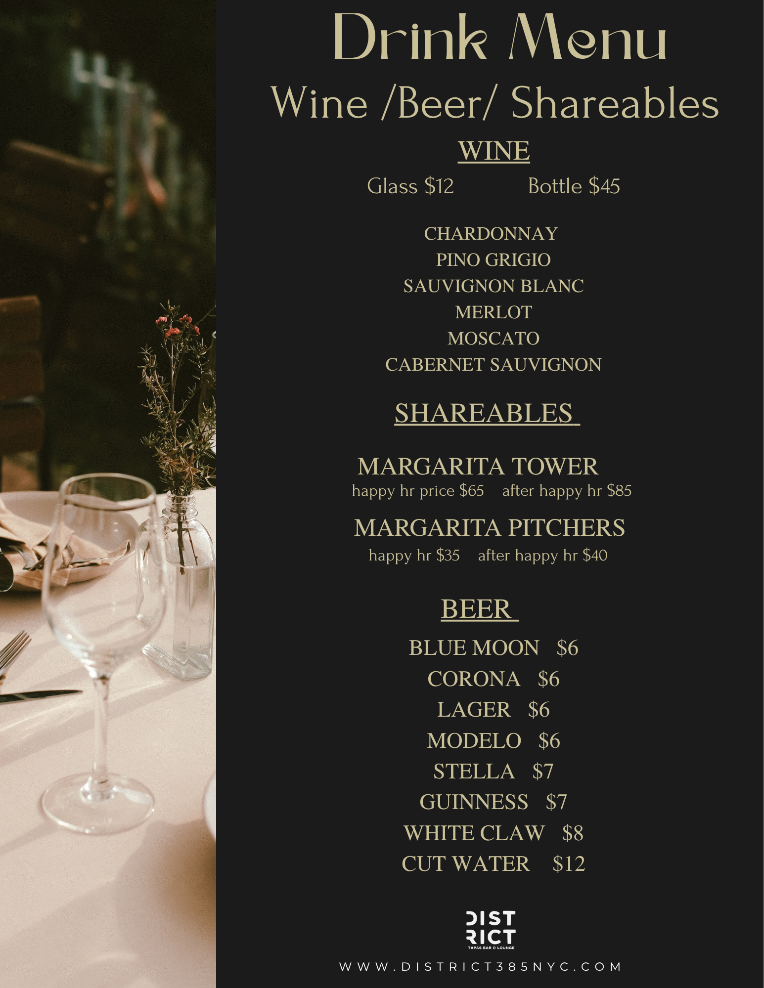 District385 drink menu — wine by the glass and bottle, margarita towers and pitchers, and beer pricing