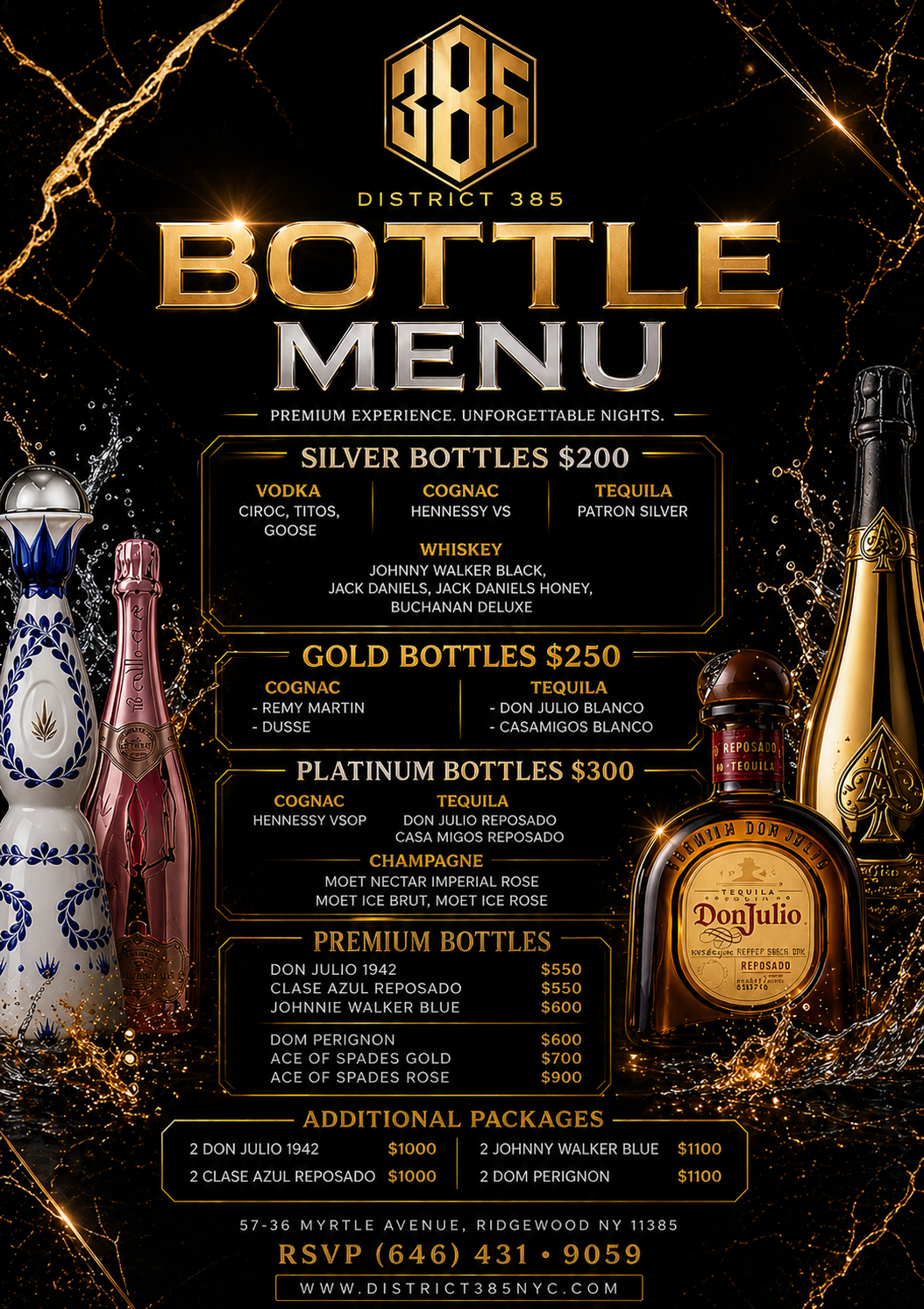 District385 bottle menu — silver, gold, platinum and premium bottle pricing